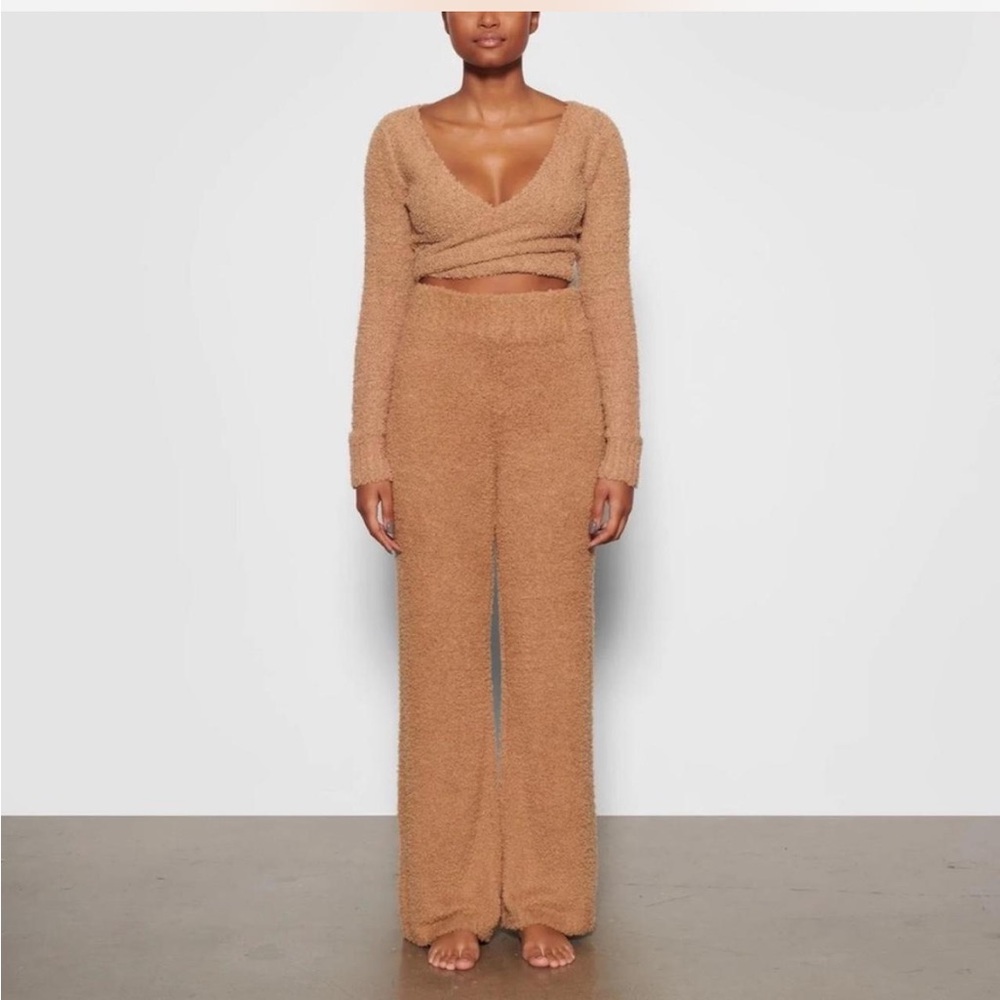 Skims - lounge teddy wrap sweater + wide leg pants in Camel